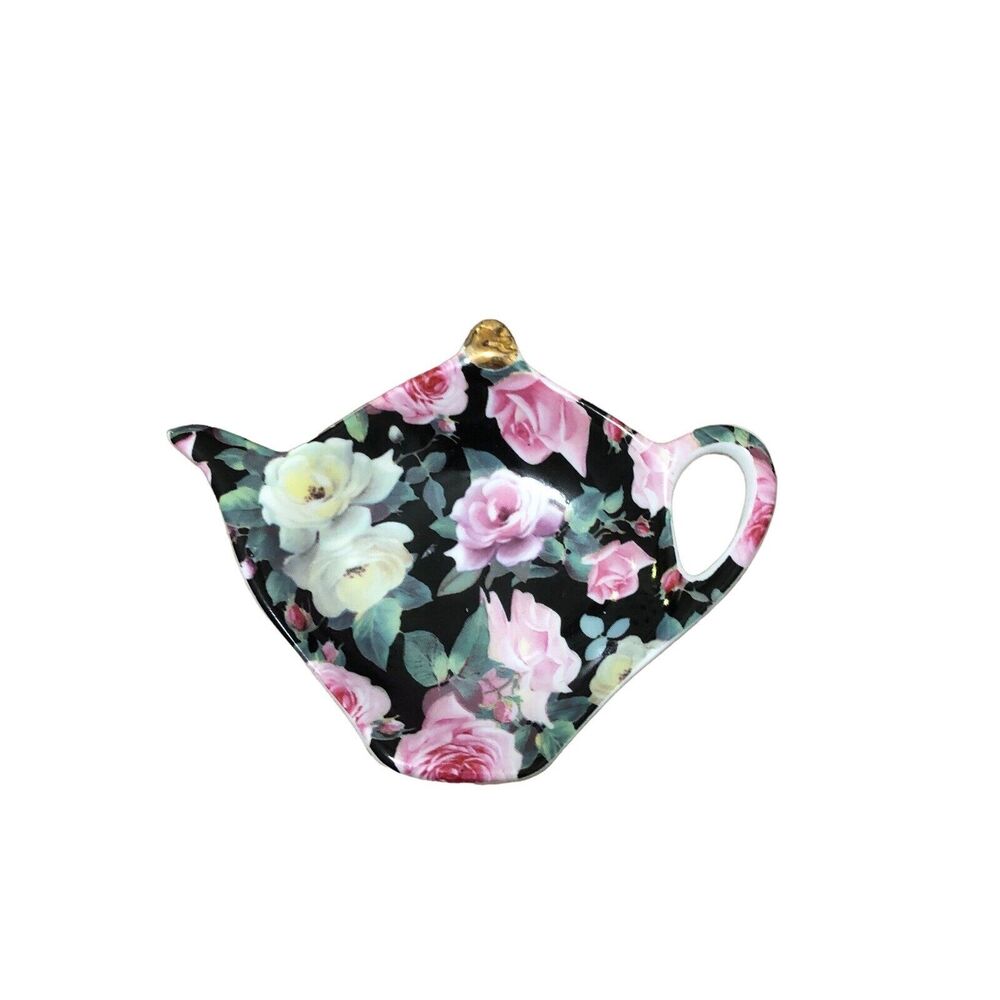 Victoria's Garden Black Floral Teapot Shaped Porcelain Tea Bag Holders - Picture 2 of 5